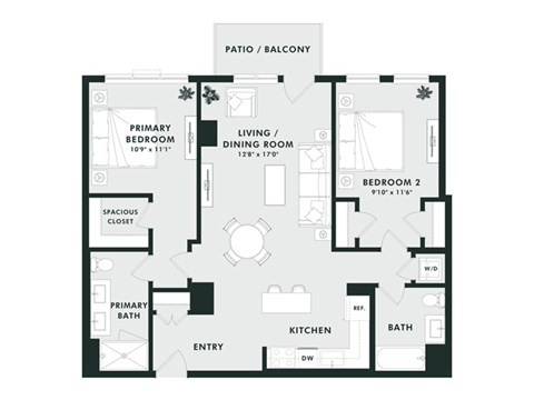 Floor plan for 2 beds, 2 baths, 1100 sqft